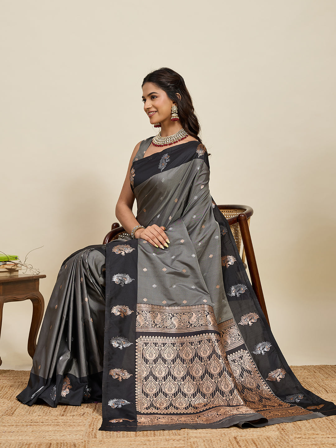 Vedant Vastram Soft Litchi Silk Banarasi Silk Jacquard Saree - Black | Grocsy