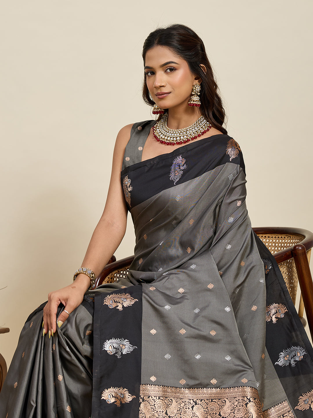 Vedant Vastram Soft Litchi Silk Banarasi Silk Jacquard Saree - Black | Grocsy