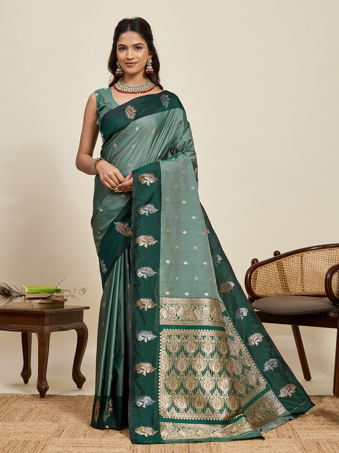 Vedant Vastram Soft Litchi Silk Banarasi Silk Jacquard Saree - Green | Grocsy