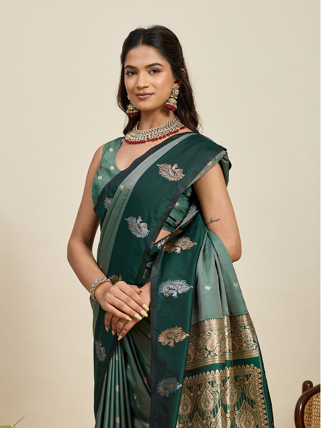 Vedant Vastram Soft Litchi Silk Banarasi Silk Jacquard Saree - Green | Grocsy