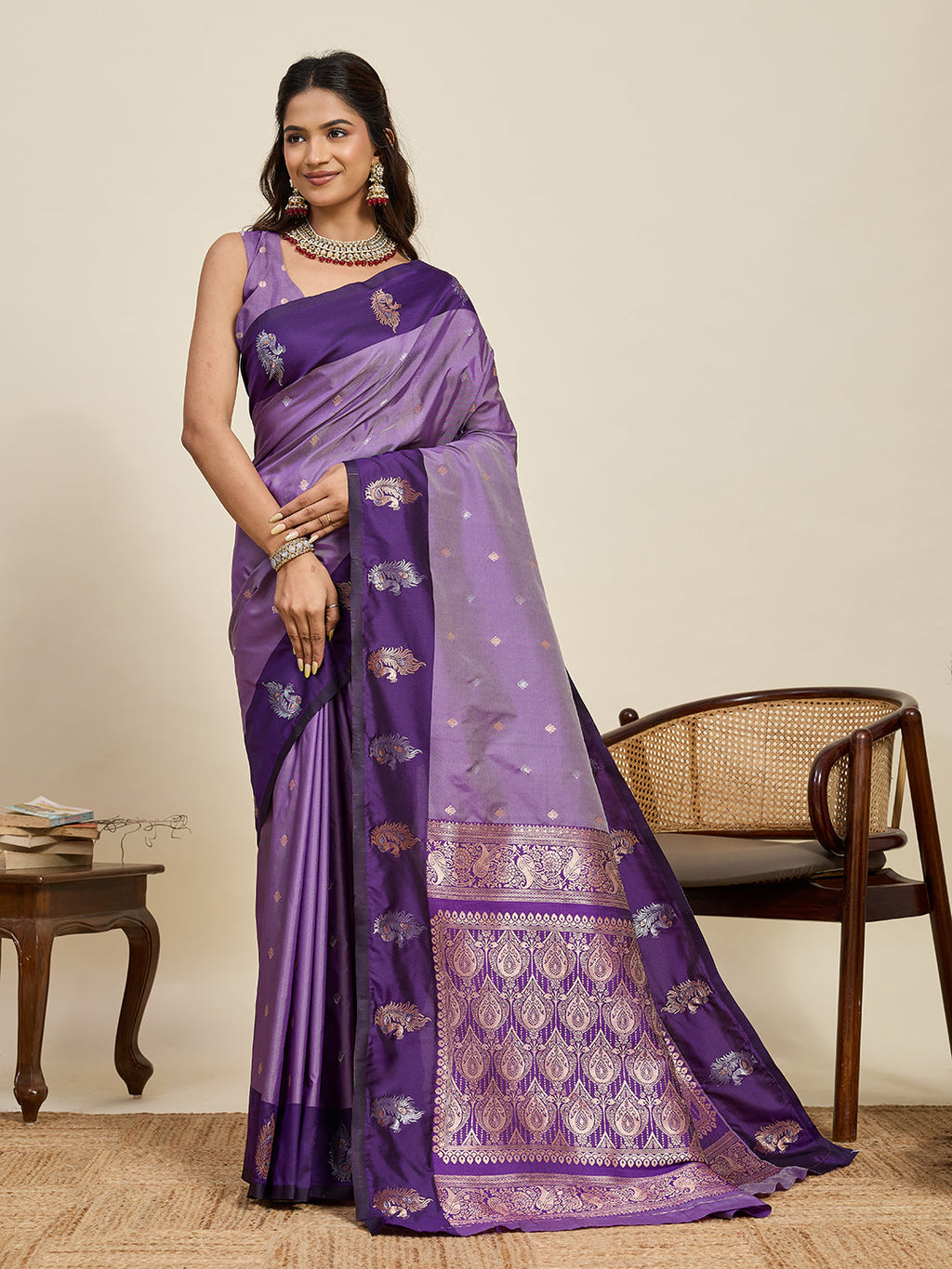 Vedant Vastram Soft Litchi Silk Banarasi Silk Jacquard Saree - Lavender | Grocsy