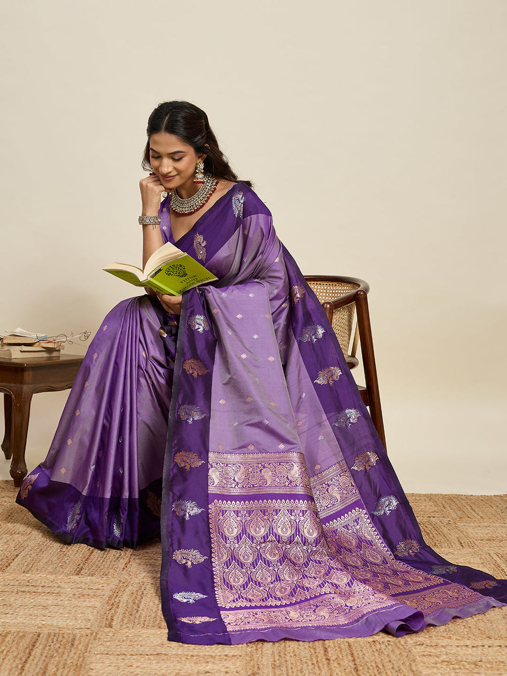 Vedant Vastram Soft Litchi Silk Banarasi Silk Jacquard Saree - Lavender | Grocsy