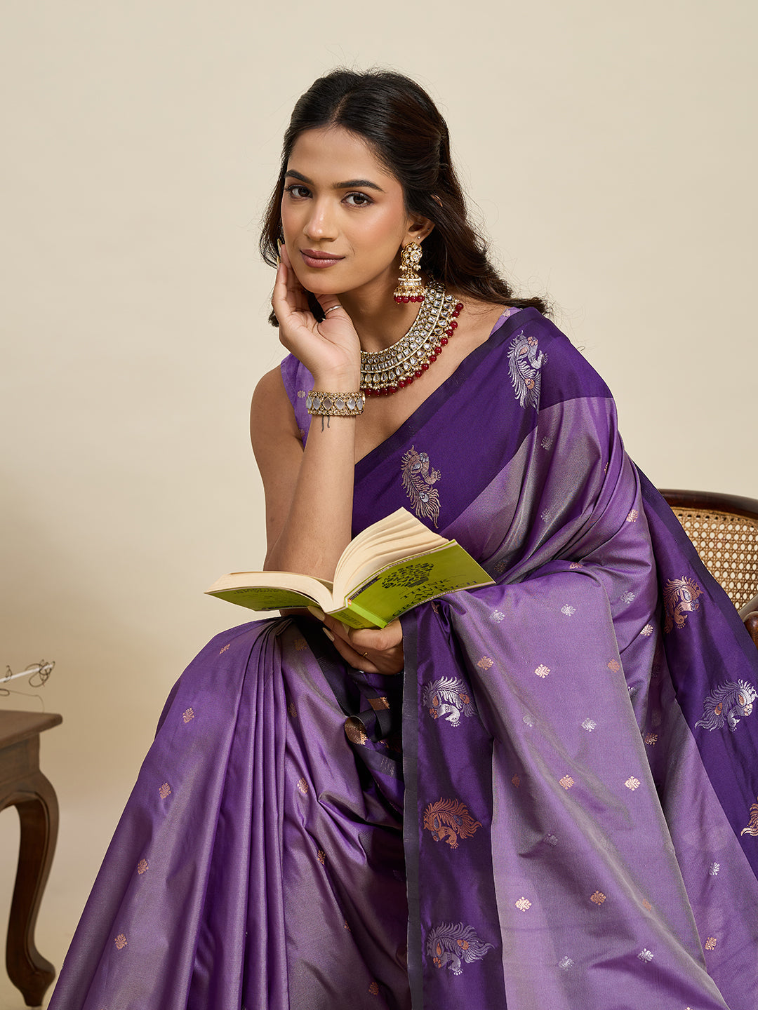 Vedant Vastram Soft Litchi Silk Banarasi Silk Jacquard Saree - Lavender | Grocsy