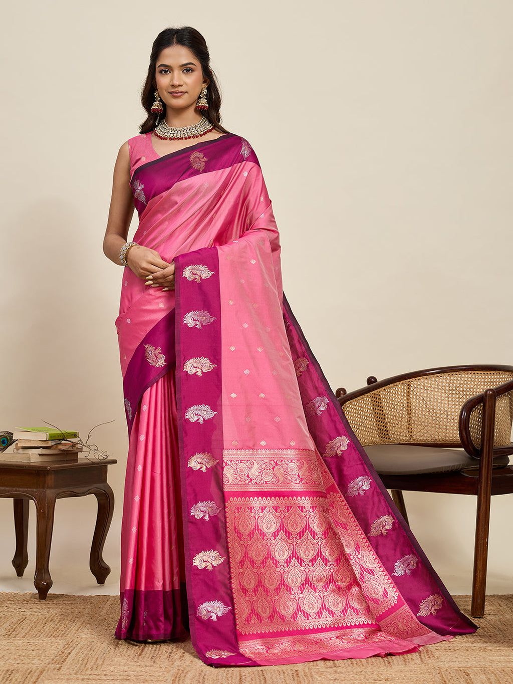 Vedant Vastram Soft Litchi Silk Banarasi Silk Jacquard Saree - Pink | Grocsy