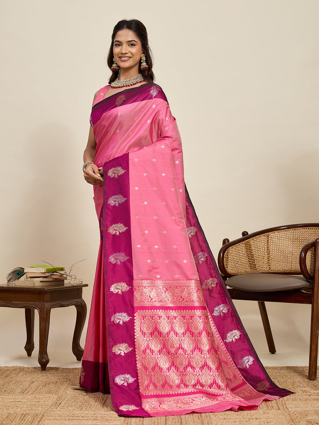 Vedant Vastram Soft Litchi Silk Banarasi Silk Jacquard Saree - Pink | Grocsy