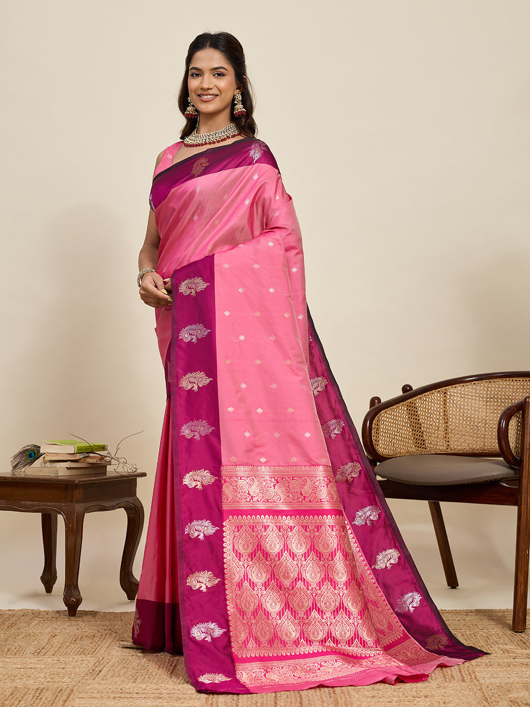 Vedant Vastram Soft Litchi Silk Banarasi Silk Jacquard Saree - Pink | Grocsy