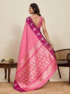 Vedant Vastram Soft Litchi Silk Banarasi Silk Jacquard Saree - Pink | Grocsy