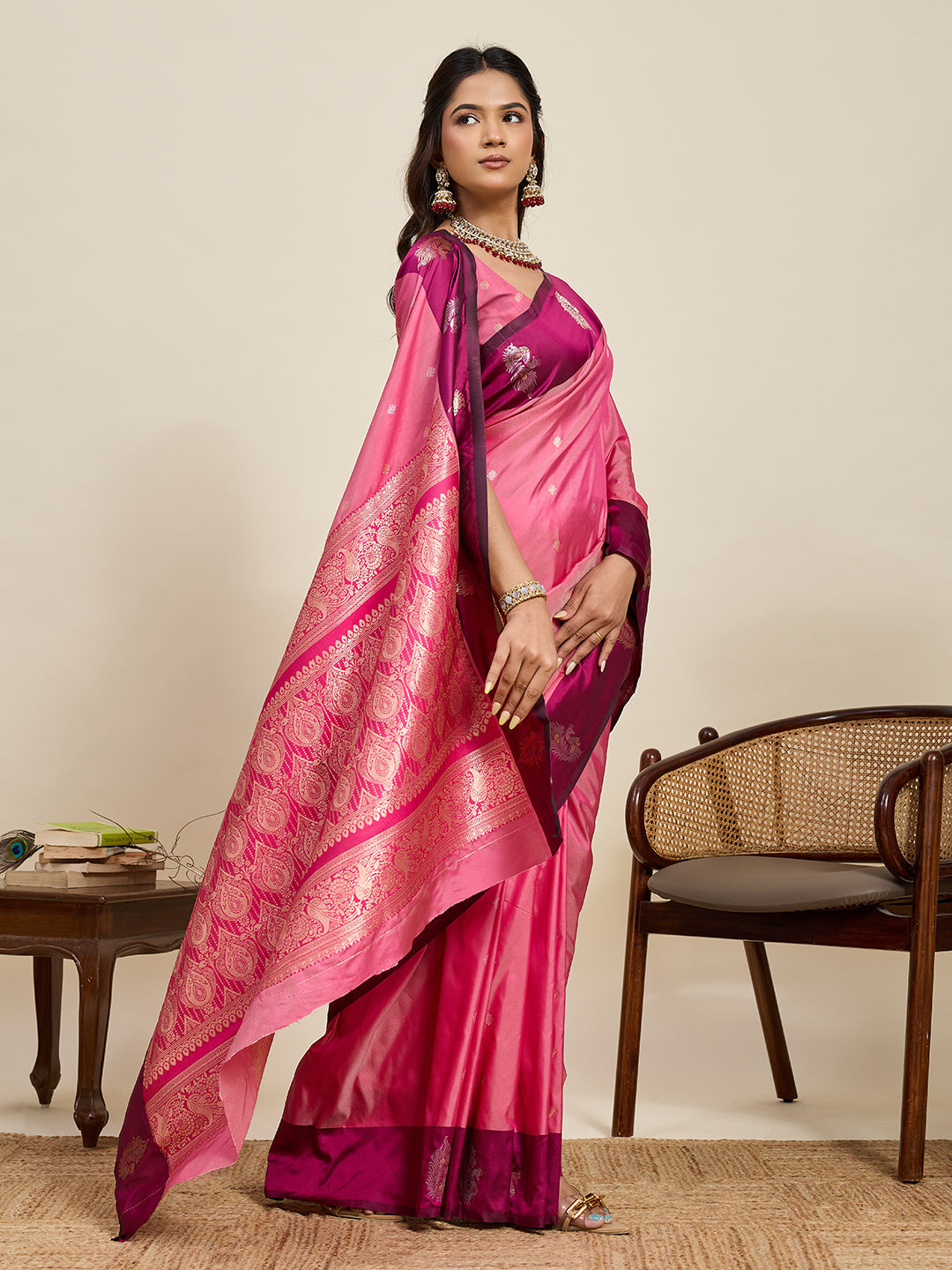 Vedant Vastram Soft Litchi Silk Banarasi Silk Jacquard Saree - Pink | Grocsy