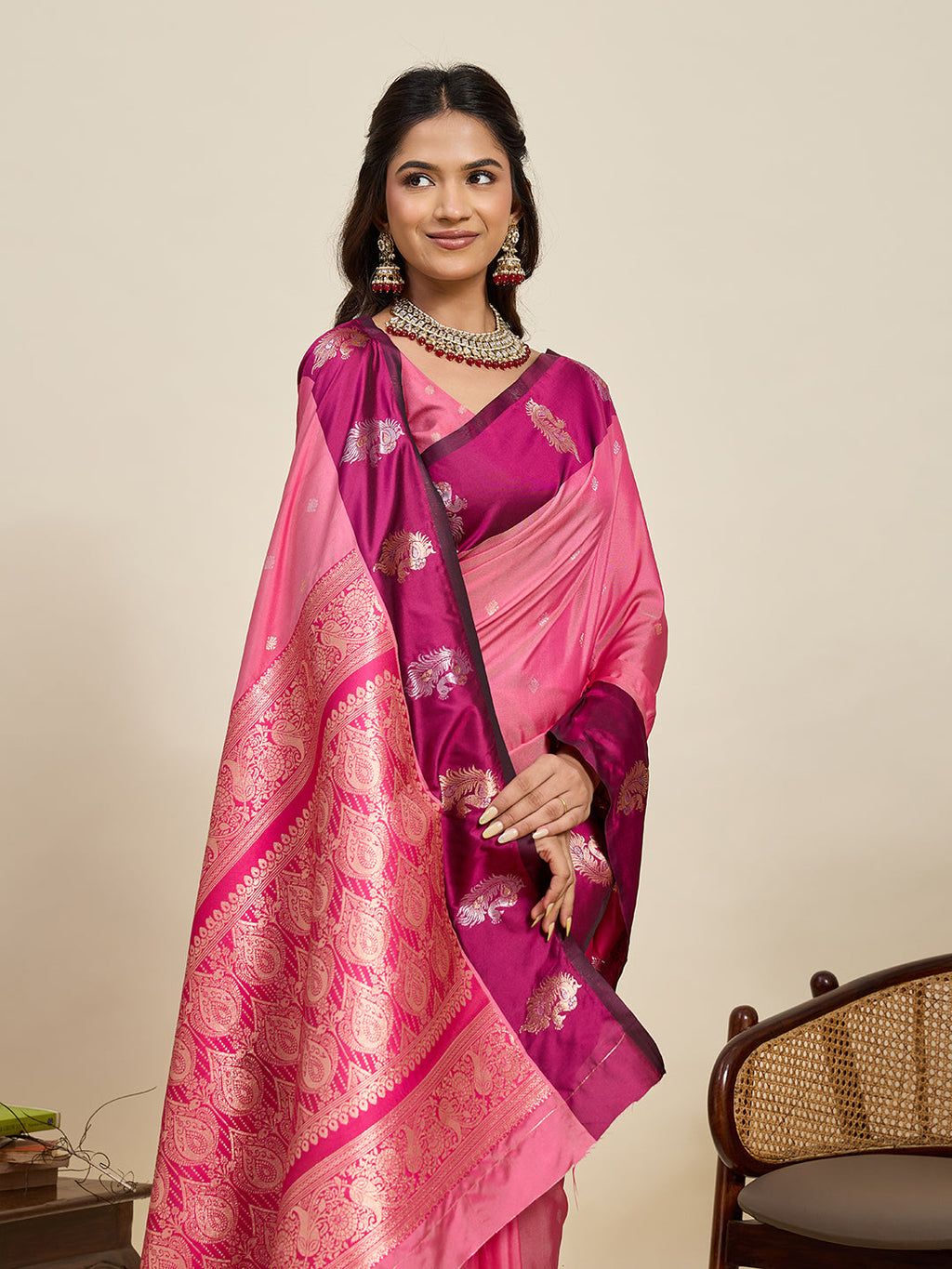 Vedant Vastram Soft Litchi Silk Banarasi Silk Jacquard Saree - Pink | Grocsy