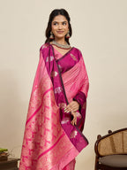Vedant Vastram Soft Litchi Silk Banarasi Silk Jacquard Saree - Pink | Grocsy