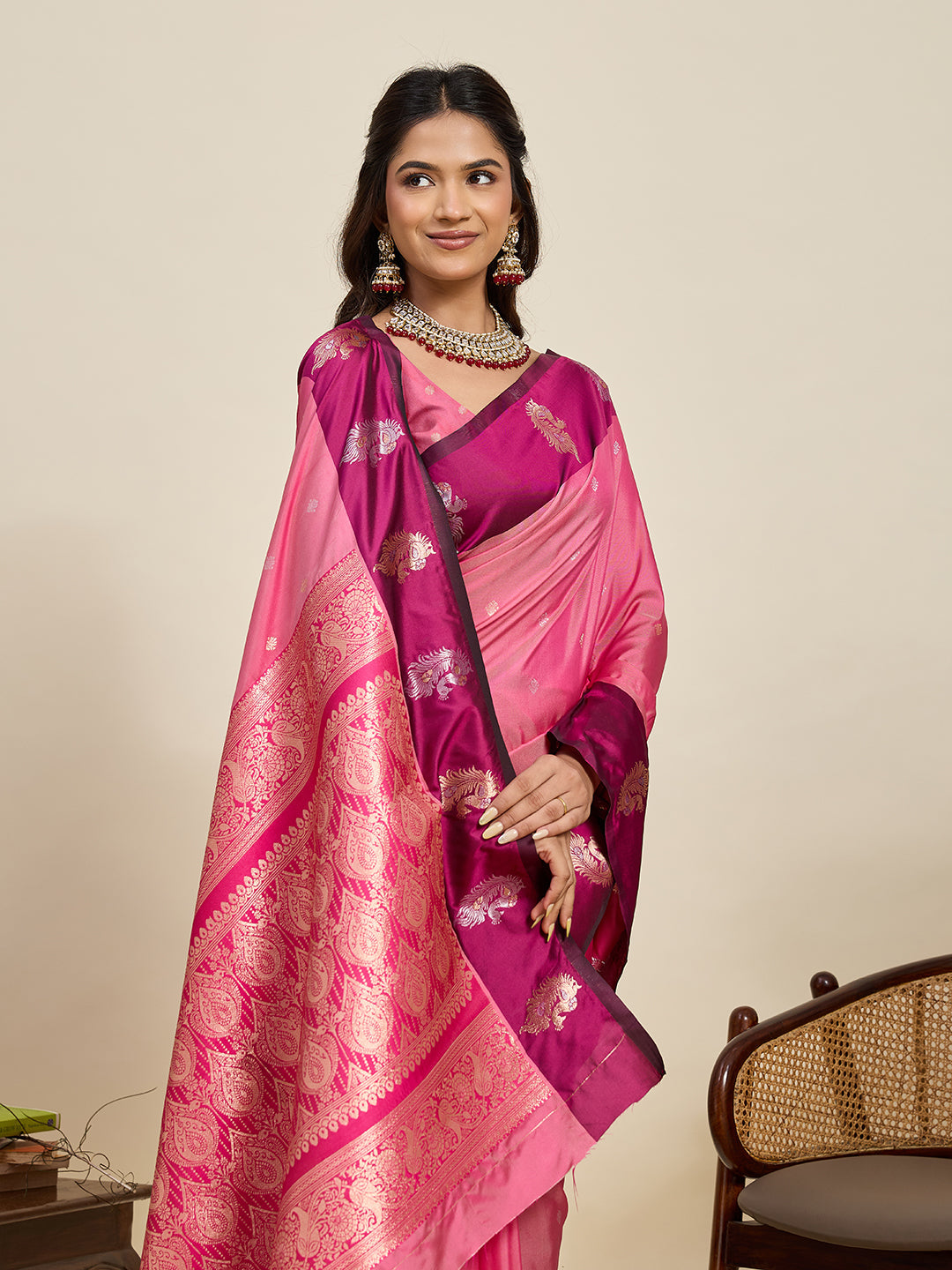 Vedant Vastram Soft Litchi Silk Banarasi Silk Jacquard Saree - Pink | Grocsy
