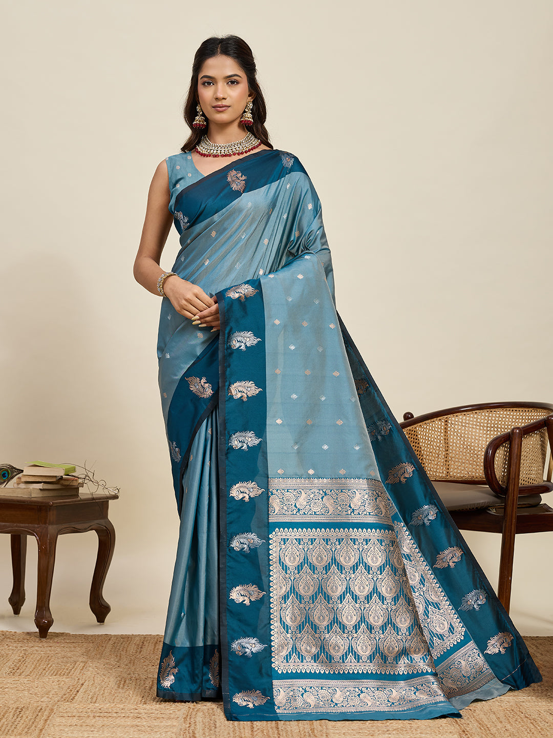 Vedant Vastram Soft Litchi Silk Banarasi Silk Jacquard Saree - Rama | Grocsy