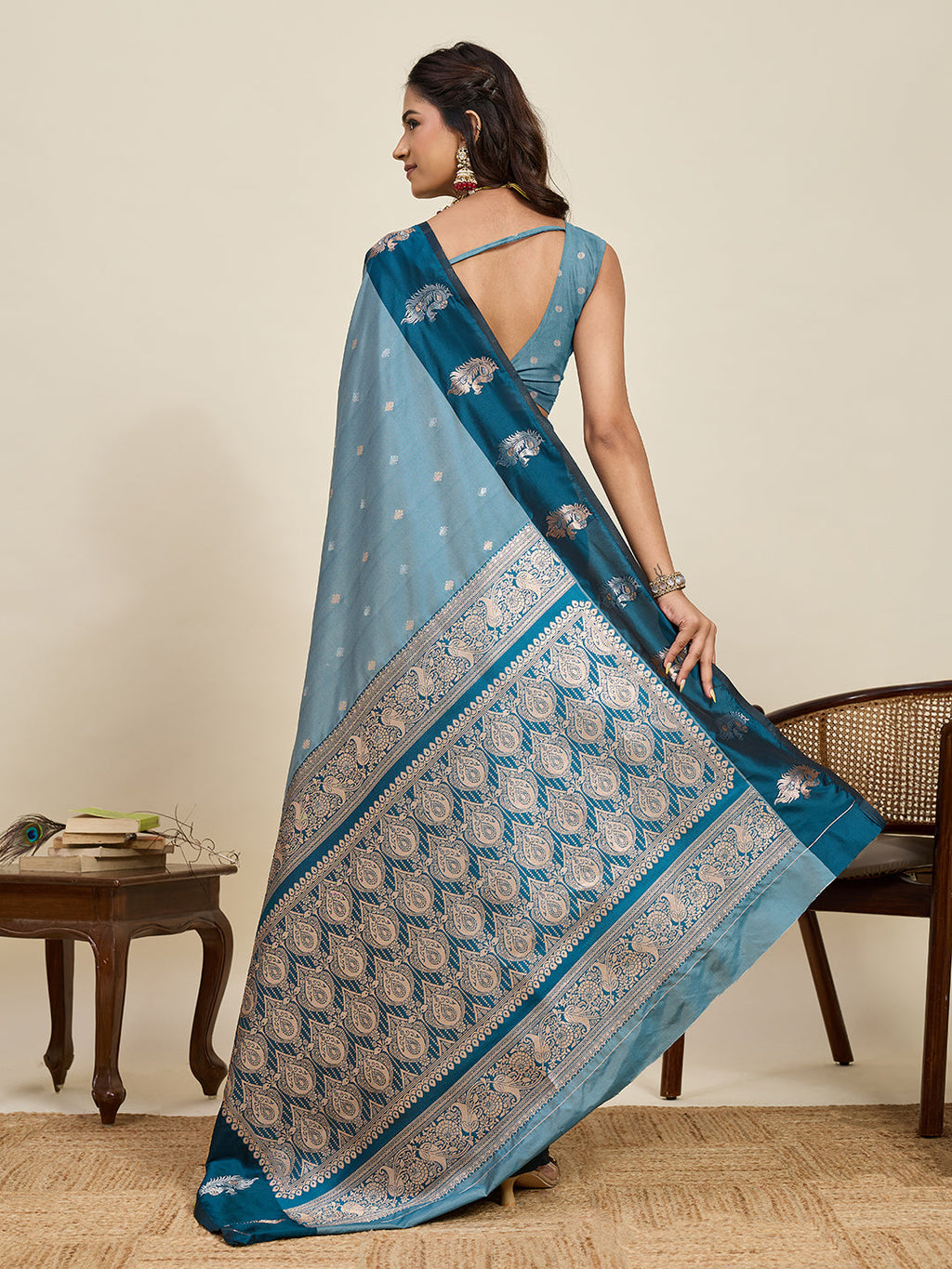 Vedant Vastram Soft Litchi Silk Banarasi Silk Jacquard Saree - Rama | Grocsy