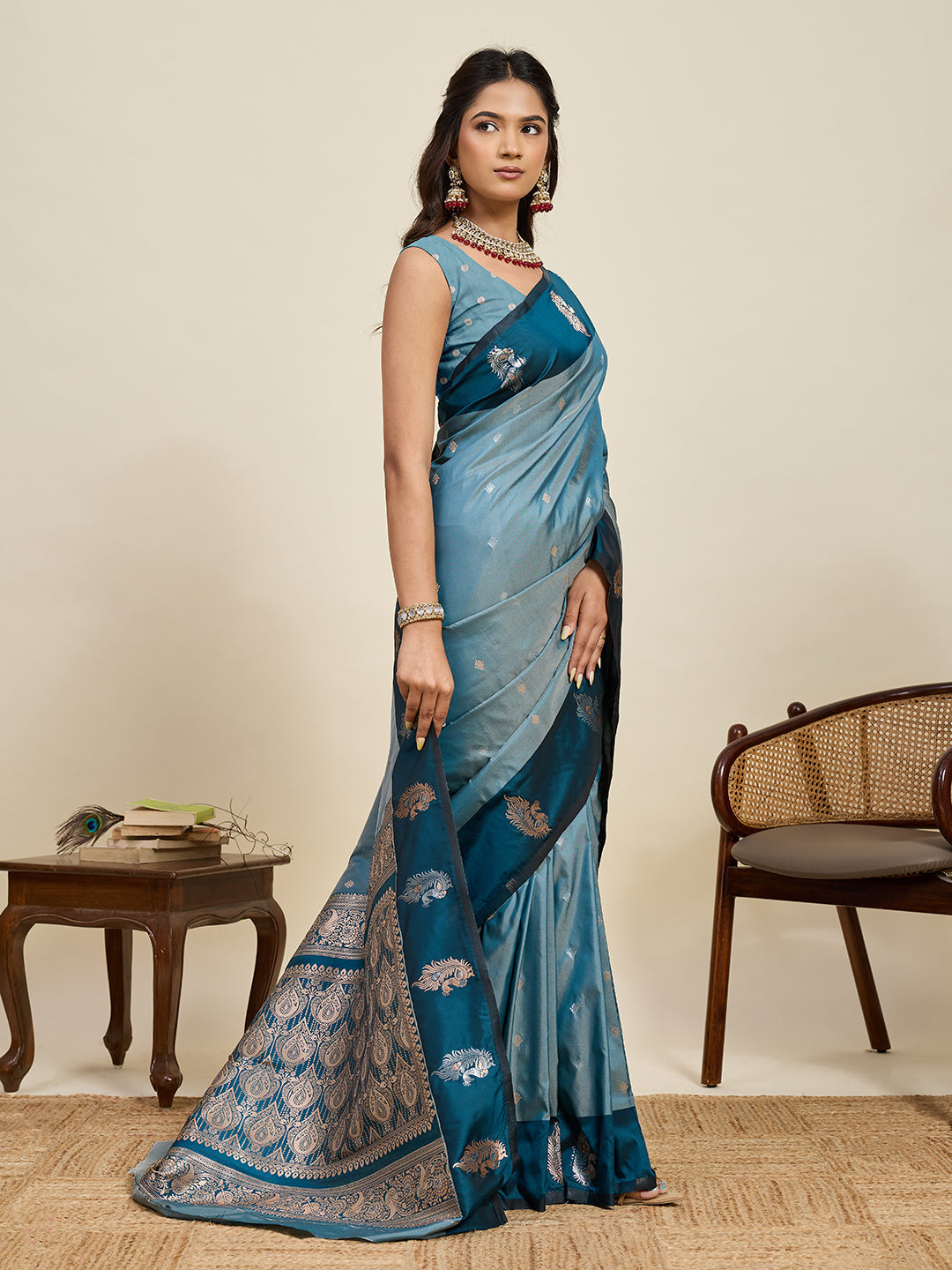 Vedant Vastram Soft Litchi Silk Banarasi Silk Jacquard Saree - Rama | Grocsy