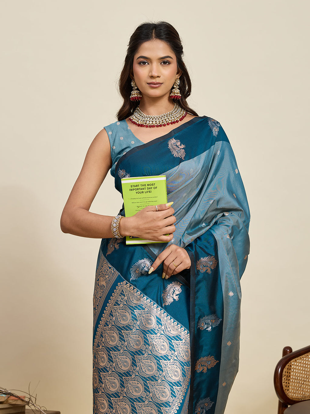 Vedant Vastram Soft Litchi Silk Banarasi Silk Jacquard Saree - Rama | Grocsy