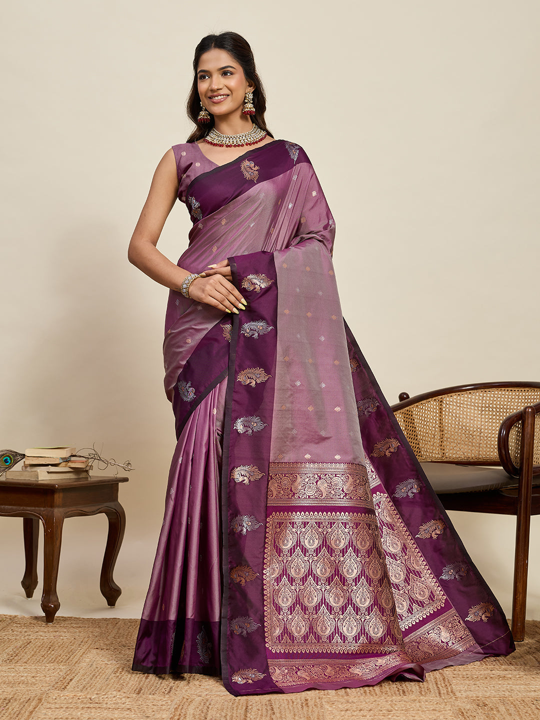 Vedant Vastram Soft Litchi Silk Banarasi Silk Jacquard Saree - Wine | Grocsy