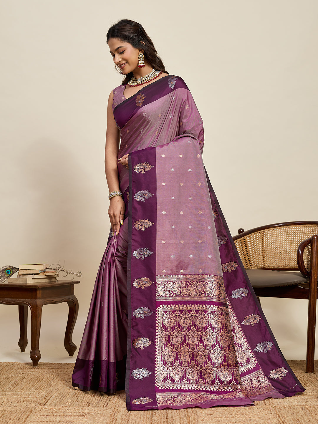Vedant Vastram Soft Litchi Silk Banarasi Silk Jacquard Saree - Wine | Grocsy