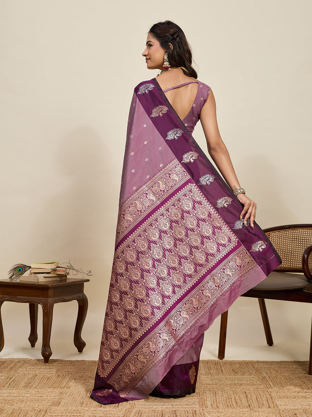 Vedant Vastram Soft Litchi Silk Banarasi Silk Jacquard Saree - Wine | Grocsy