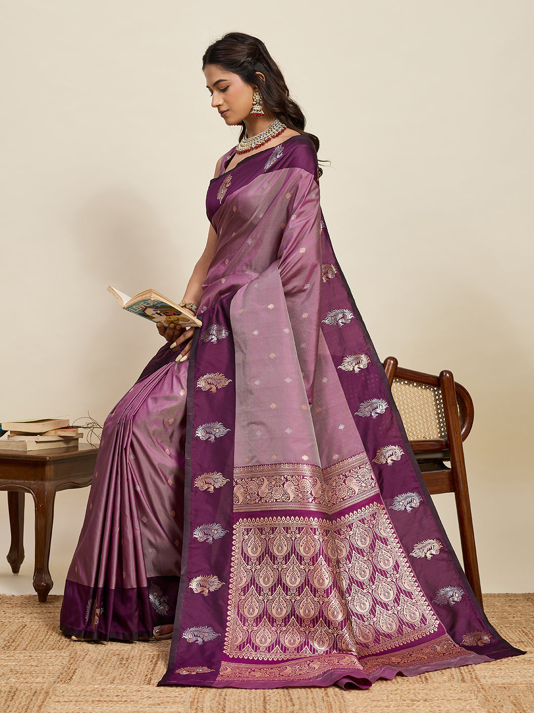 Vedant Vastram Soft Litchi Silk Banarasi Silk Jacquard Saree - Wine | Grocsy