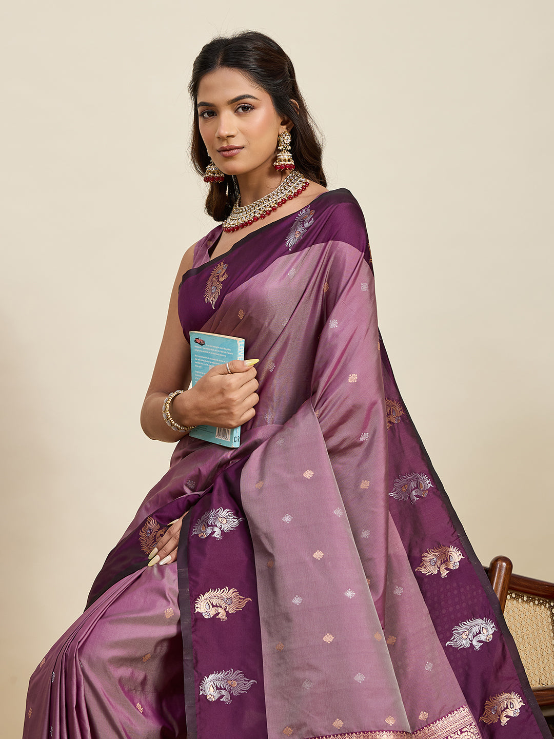 Vedant Vastram Soft Litchi Silk Banarasi Silk Jacquard Saree - Wine | Grocsy