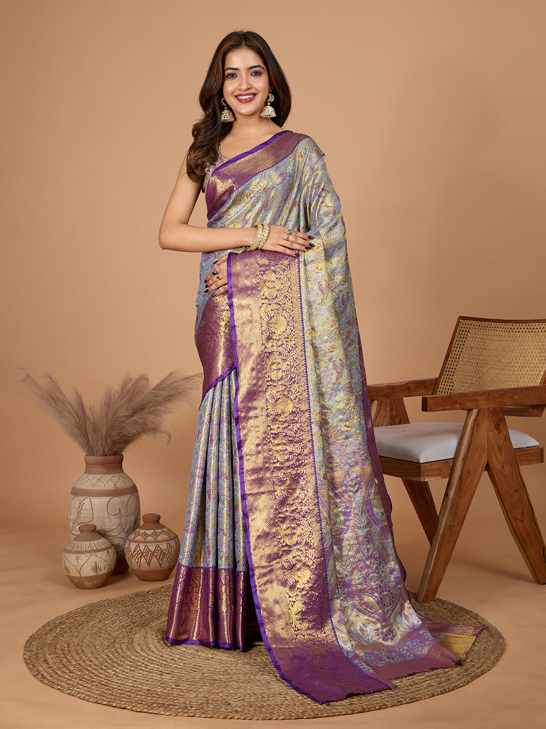 Vedant Vastram Soft Litchi Silk Kanjeevaram Silk Jacquard Saree - Lavender | Grocsy