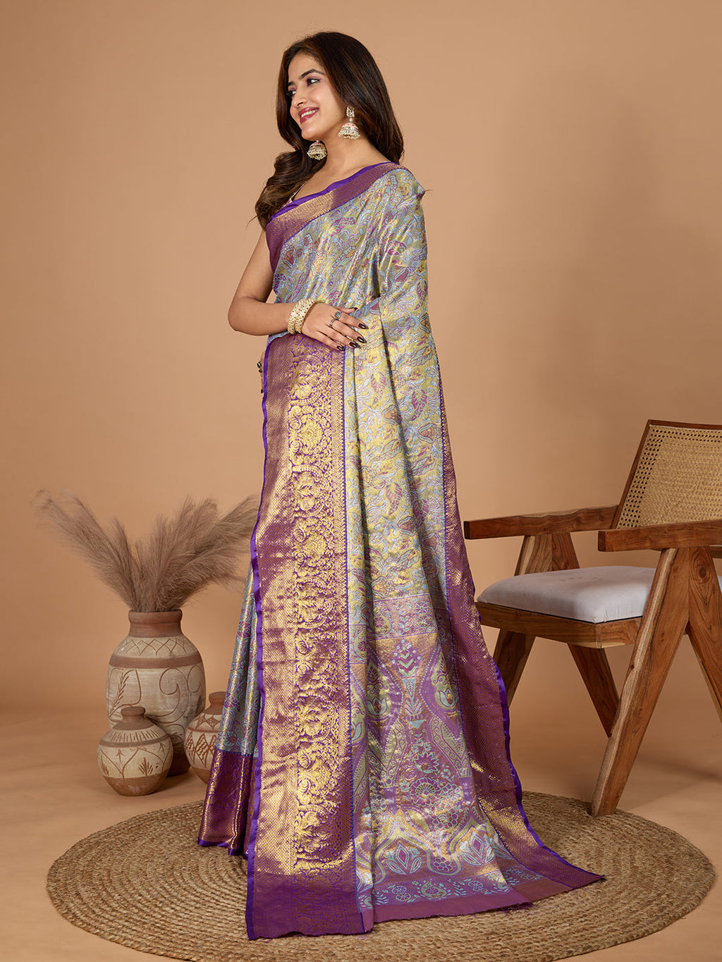 Vedant Vastram Soft Litchi Silk Kanjeevaram Silk Jacquard Saree - Lavender | Grocsy