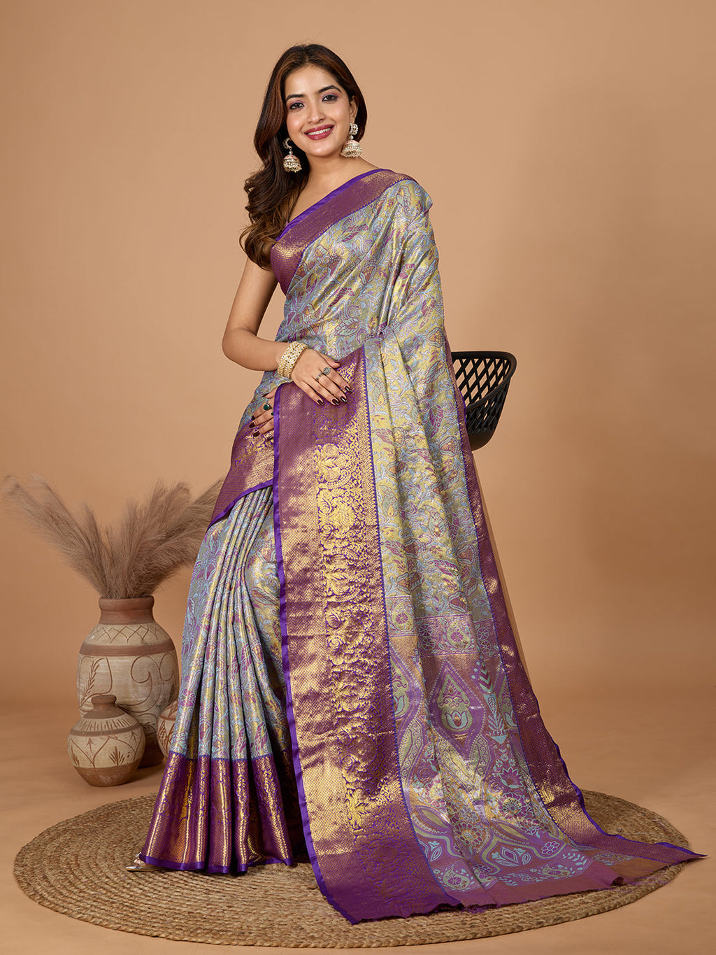 Vedant Vastram Soft Litchi Silk Kanjeevaram Silk Jacquard Saree - Lavender | Grocsy