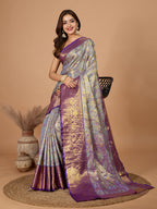 Vedant Vastram Soft Litchi Silk Kanjeevaram Silk Jacquard Saree - Lavender | Grocsy