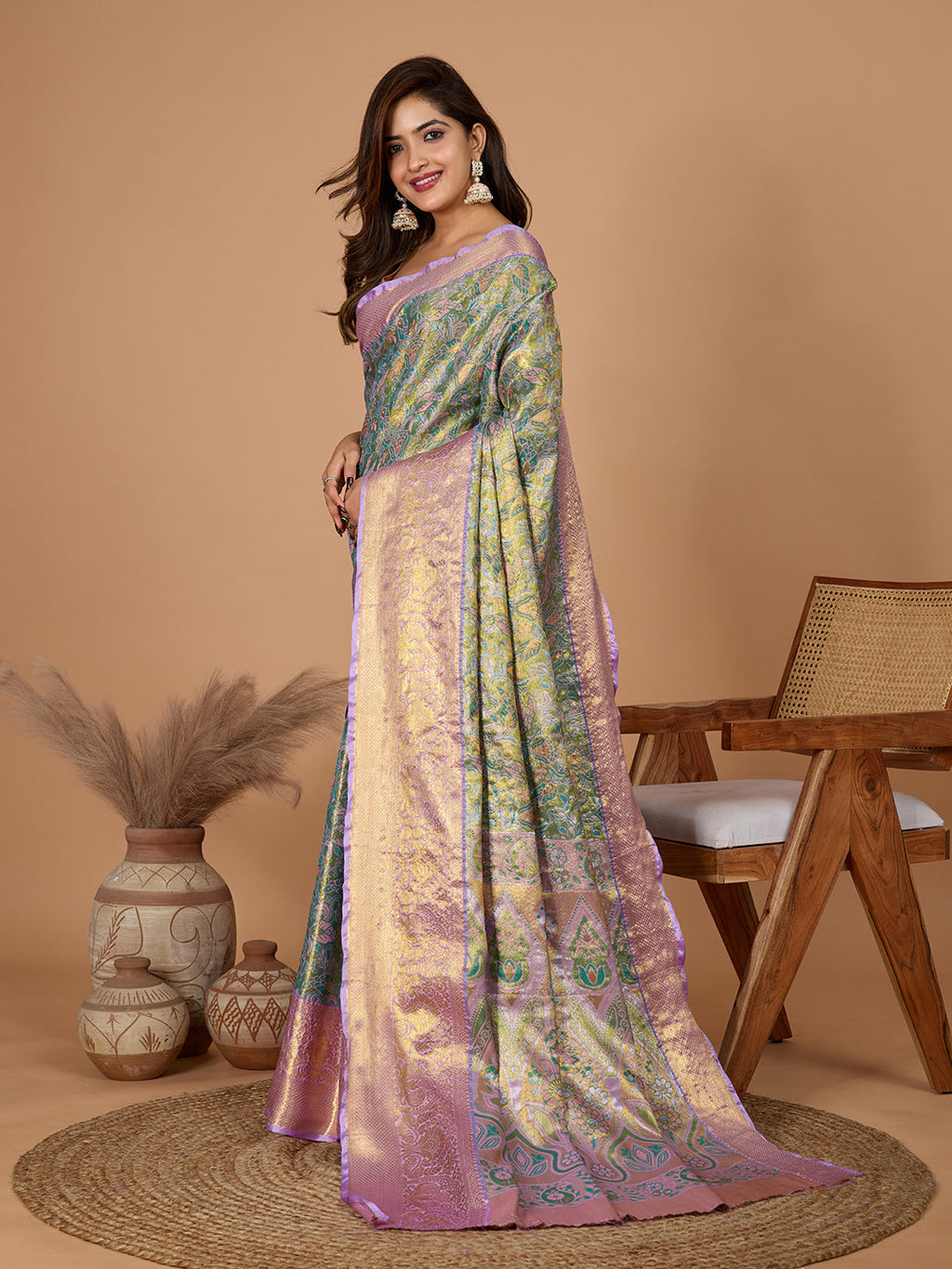 Vedant Vastram Soft Litchi Silk Kanjeevaram Silk Jacquard Saree - Rama | Grocsy