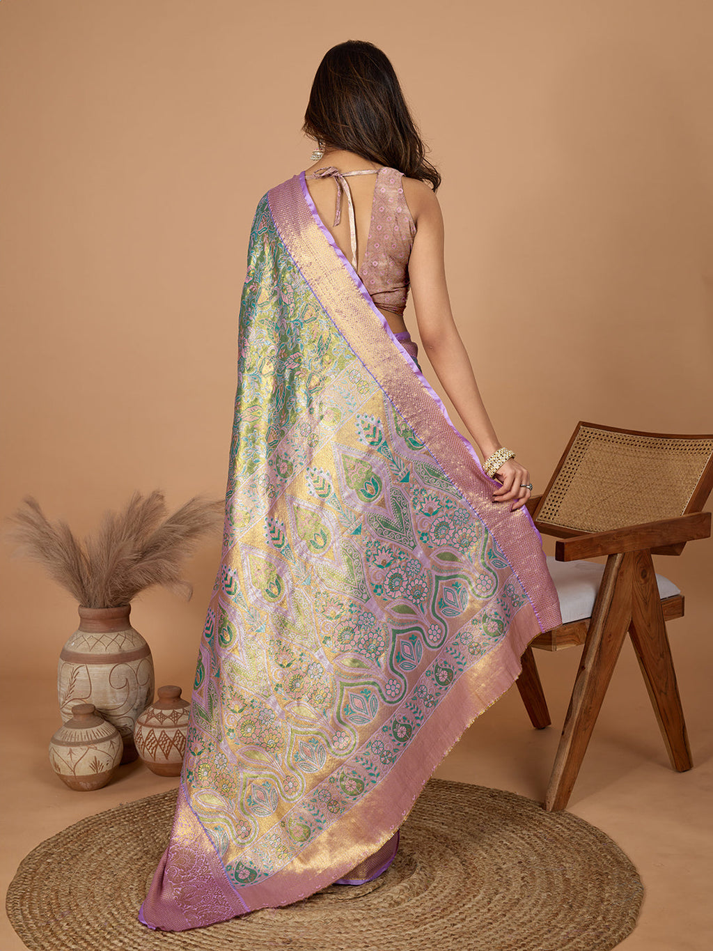 Vedant Vastram Soft Litchi Silk Kanjeevaram Silk Jacquard Saree - Rama | Grocsy