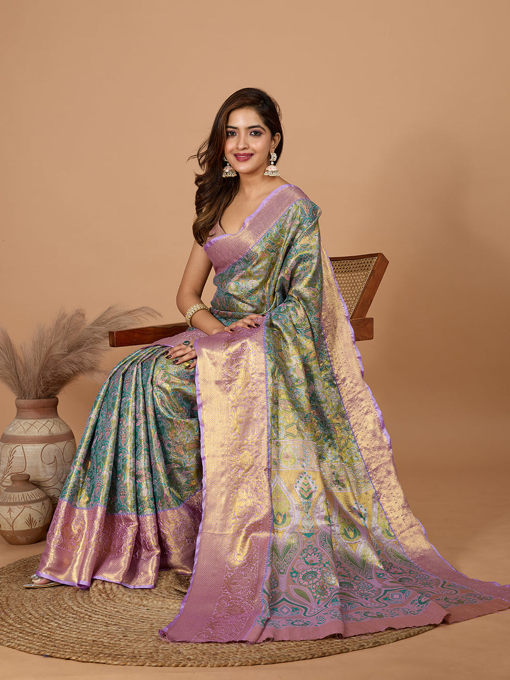 Vedant Vastram Soft Litchi Silk Kanjeevaram Silk Jacquard Saree - Rama | Grocsy