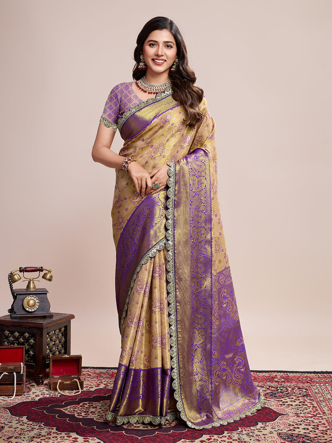 Vedant Vastram Soft Litchi Silk Kanjeevaram Silk Saree - Cream | Grocsy