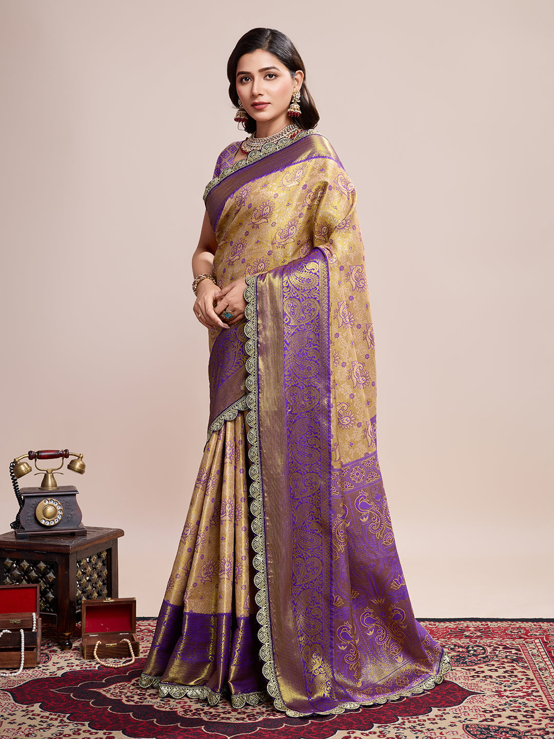 Vedant Vastram Soft Litchi Silk Kanjeevaram Silk Saree - Cream | Grocsy