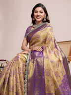 Vedant Vastram Soft Litchi Silk Kanjeevaram Silk Saree - Cream | Grocsy