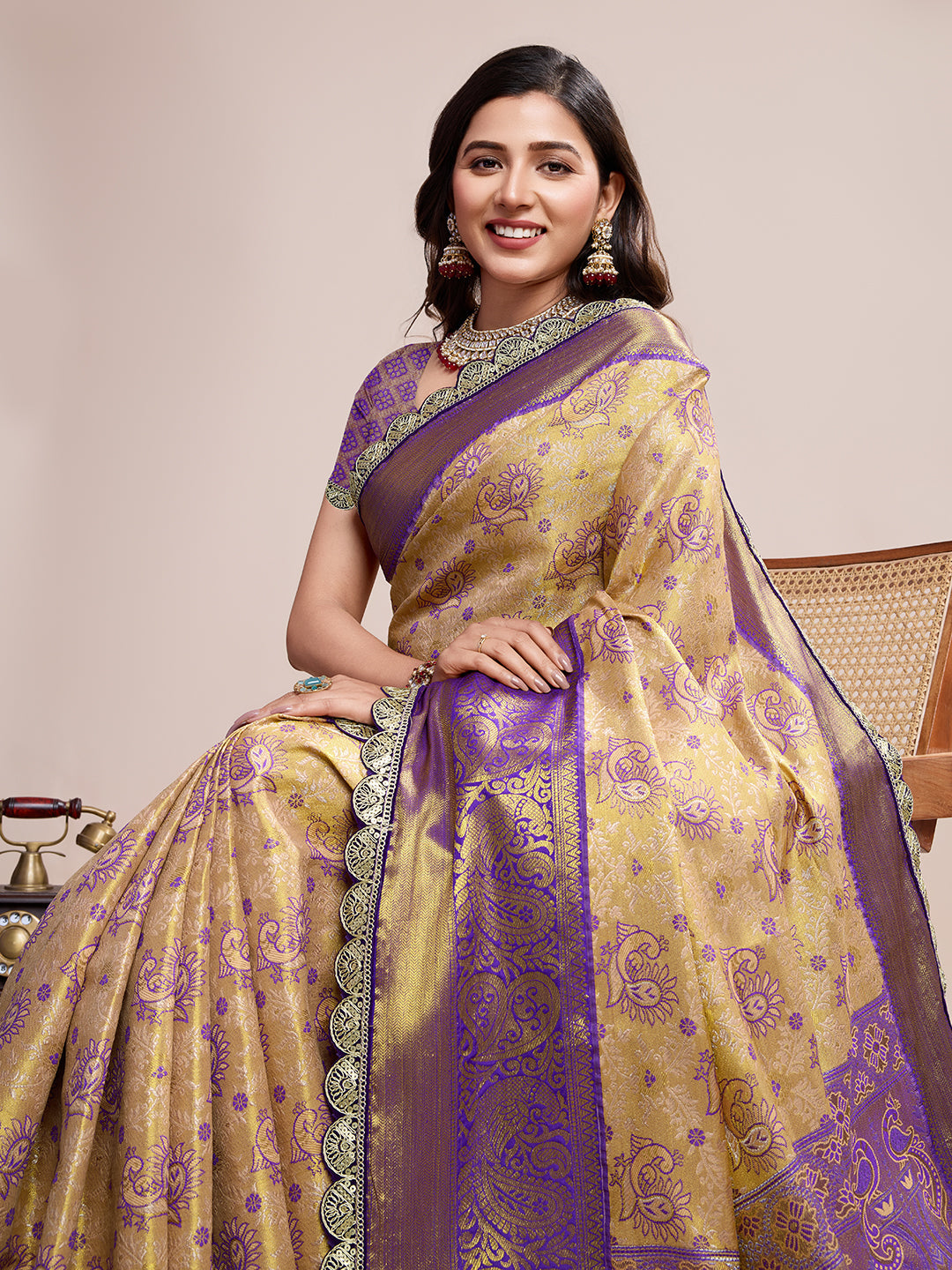 Vedant Vastram Soft Litchi Silk Kanjeevaram Silk Saree - Cream | Grocsy