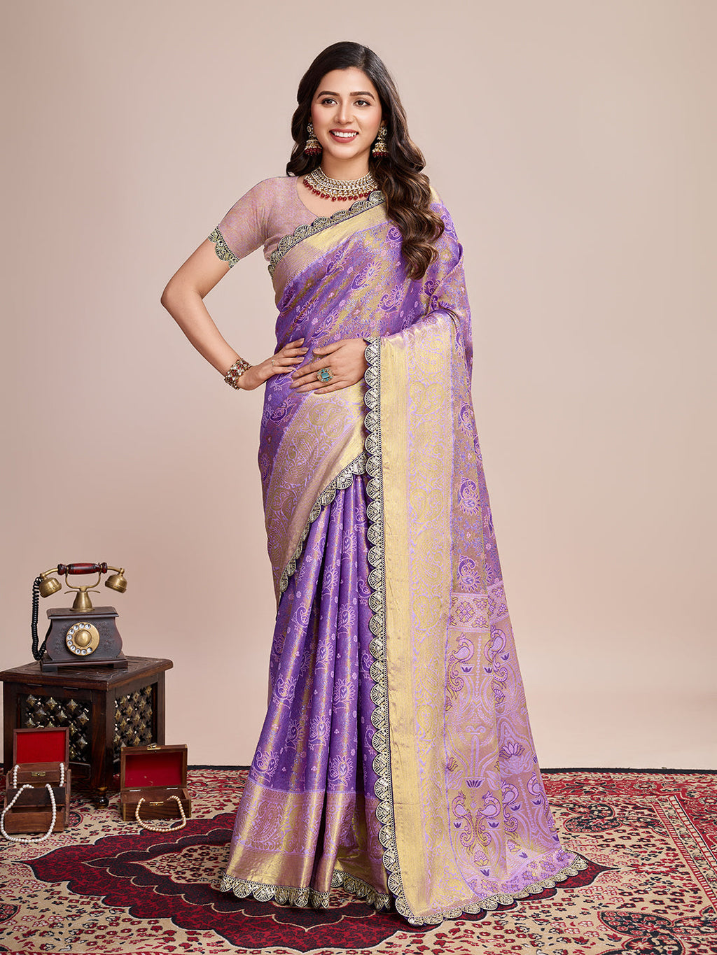 Vedant Vastram Soft Litchi Silk Kanjeevaram Silk Saree - Lavender | Grocsy