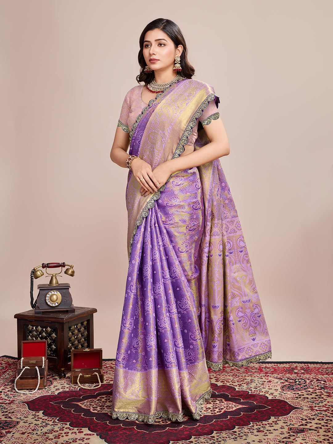 Vedant Vastram Soft Litchi Silk Kanjeevaram Silk Saree - Lavender | Grocsy