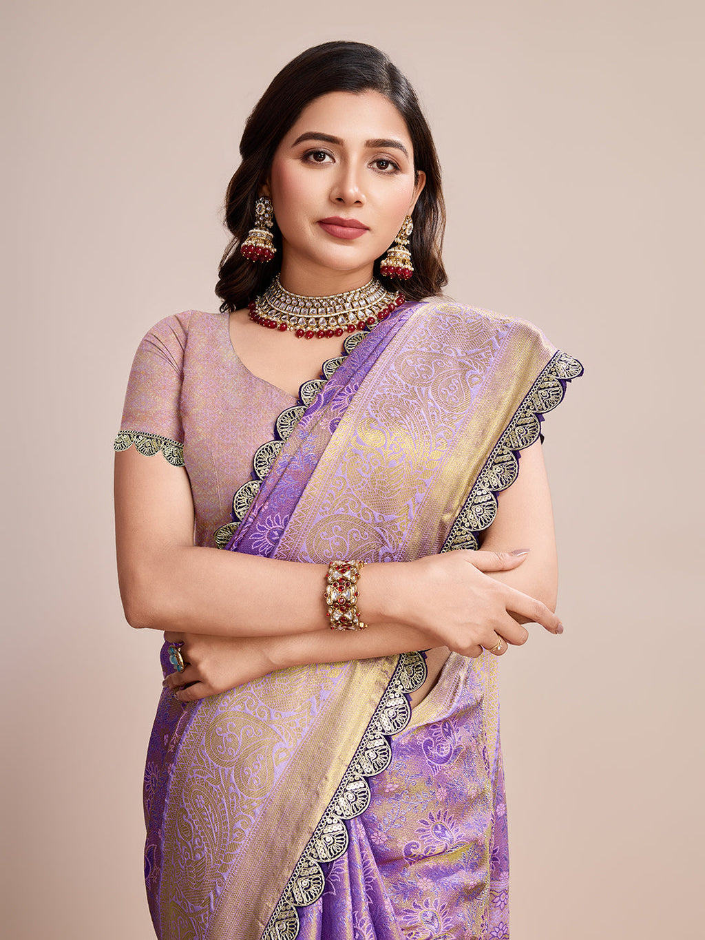 Vedant Vastram Soft Litchi Silk Kanjeevaram Silk Saree - Lavender | Grocsy