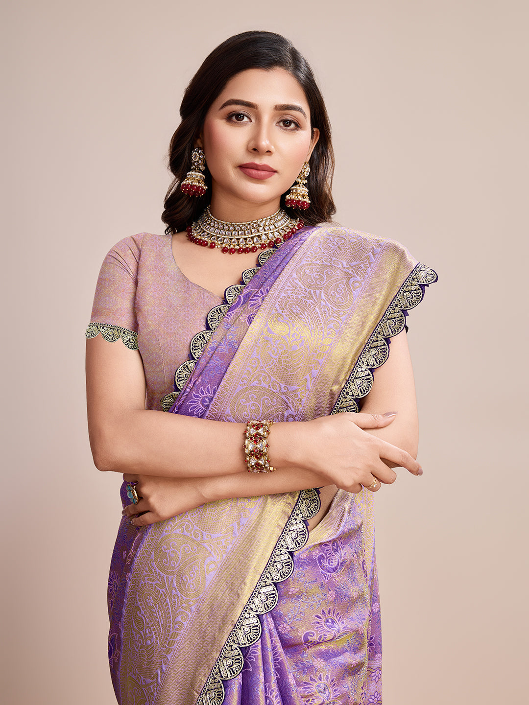 Vedant Vastram Soft Litchi Silk Kanjeevaram Silk Saree - Lavender | Grocsy