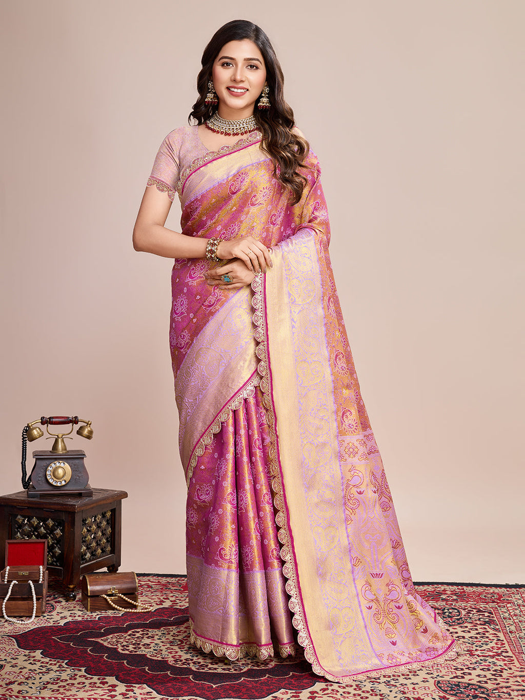 Vedant Vastram Soft Litchi Silk Kanjeevaram Silk Saree - Pink | Grocsy