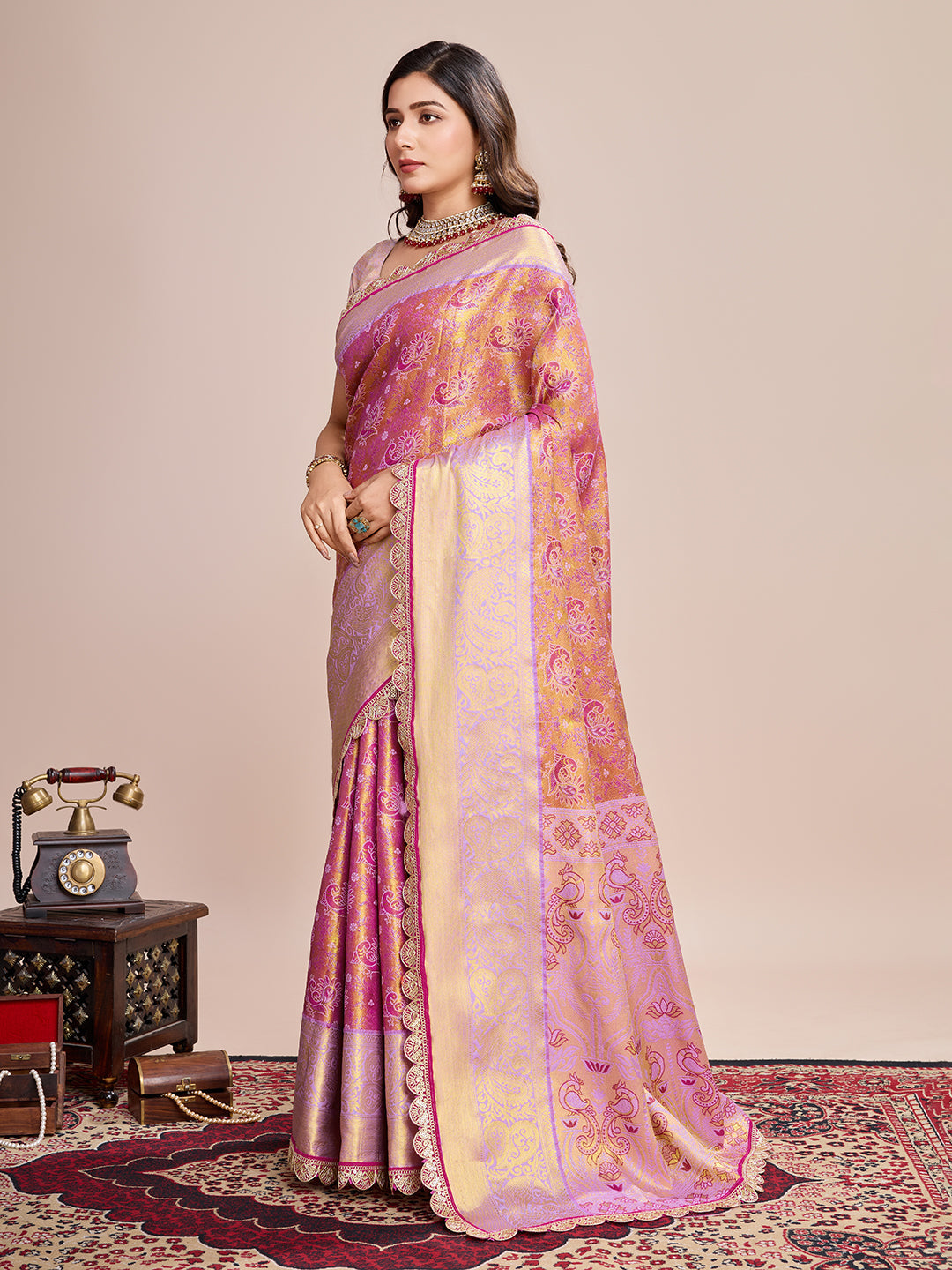 Vedant Vastram Soft Litchi Silk Kanjeevaram Silk Saree - Pink | Grocsy