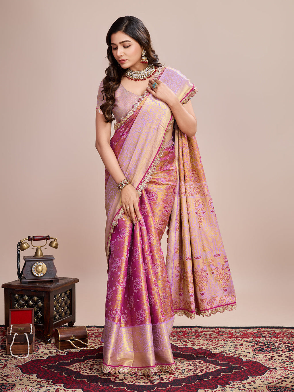 Vedant Vastram Soft Litchi Silk Kanjeevaram Silk Saree - Pink | Grocsy