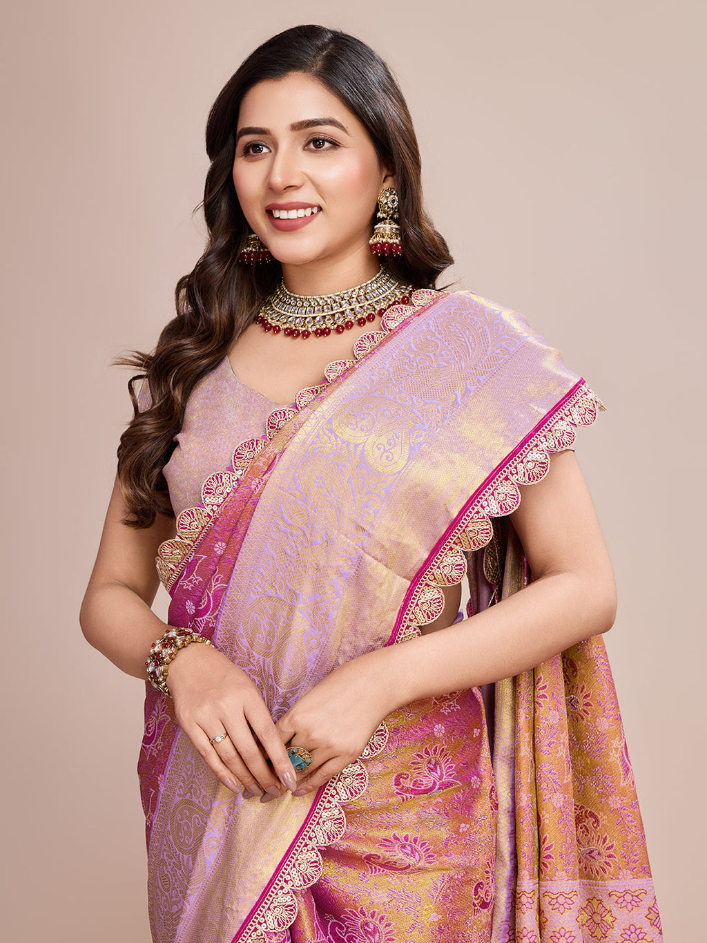Vedant Vastram Soft Litchi Silk Kanjeevaram Silk Saree - Pink | Grocsy