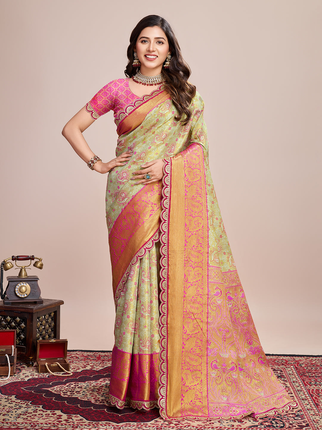 Vedant Vastram Soft Litchi Silk Kanjeevaram Silk Saree - Pista | Grocsy