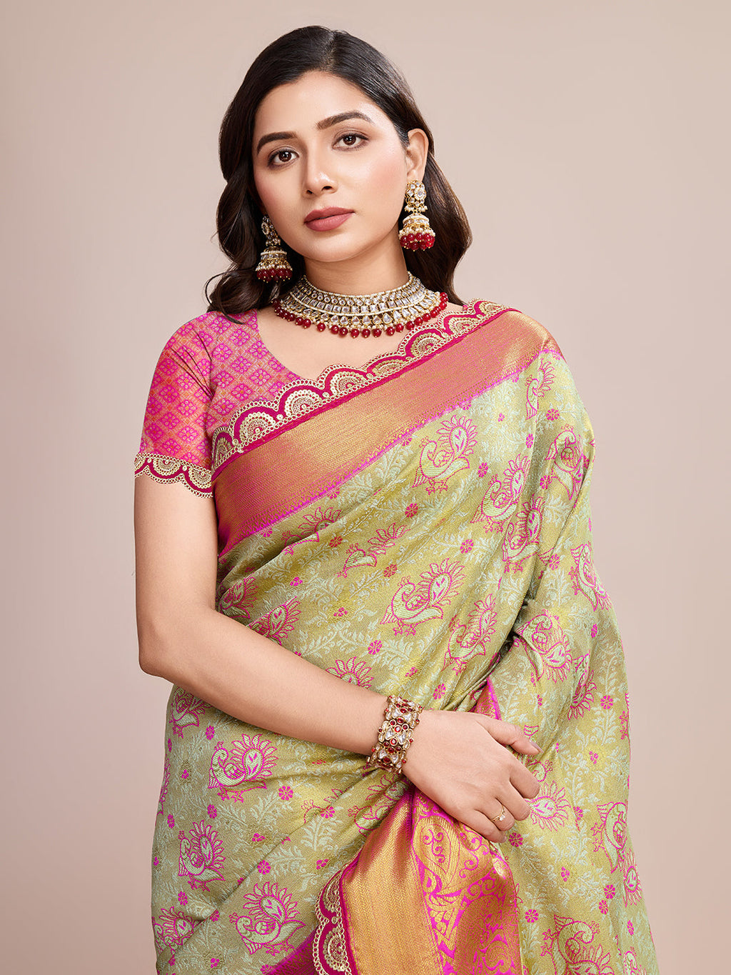 Vedant Vastram Soft Litchi Silk Kanjeevaram Silk Saree - Pista | Grocsy