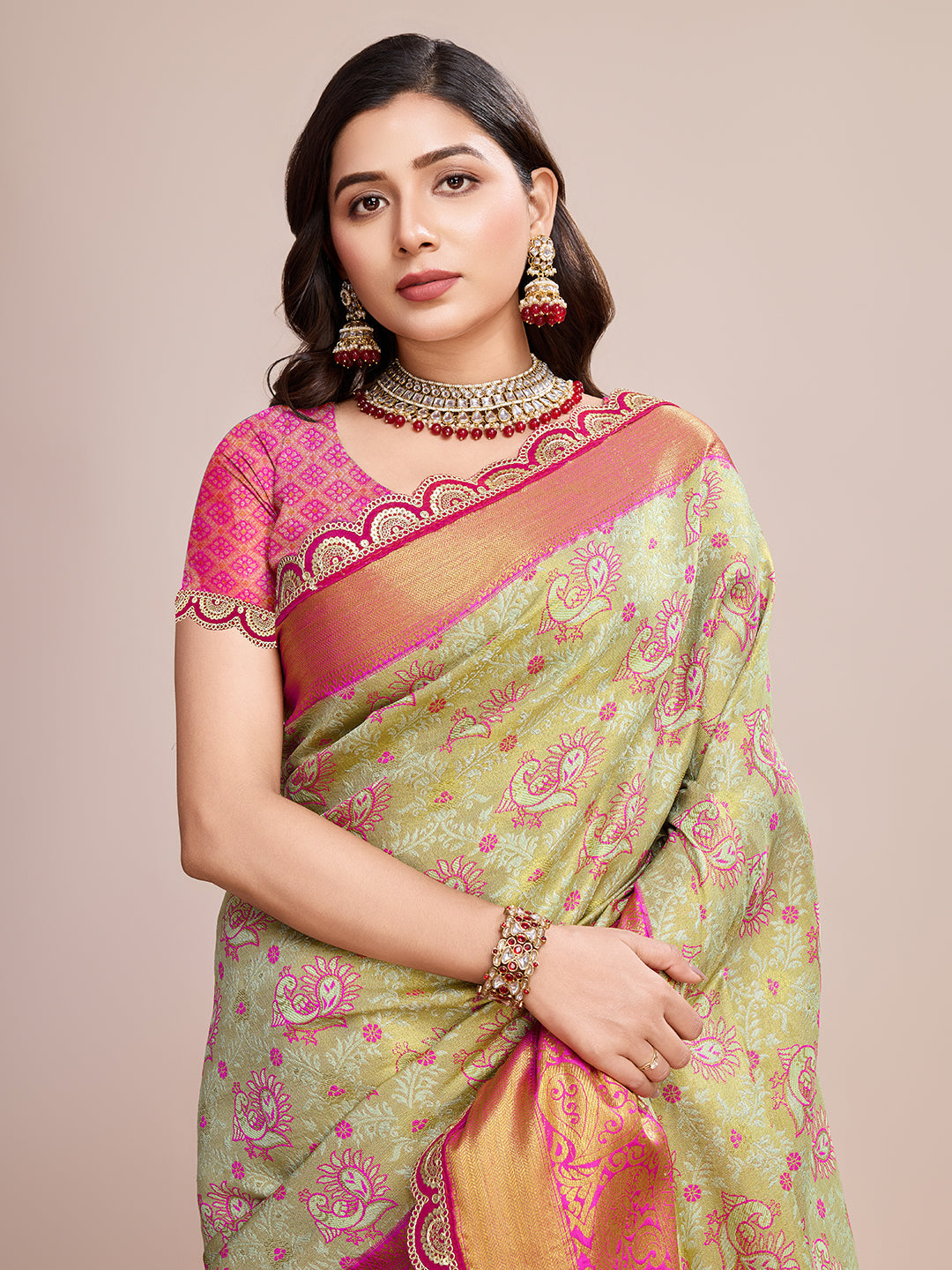 Vedant Vastram Soft Litchi Silk Kanjeevaram Silk Saree - Pista | Grocsy