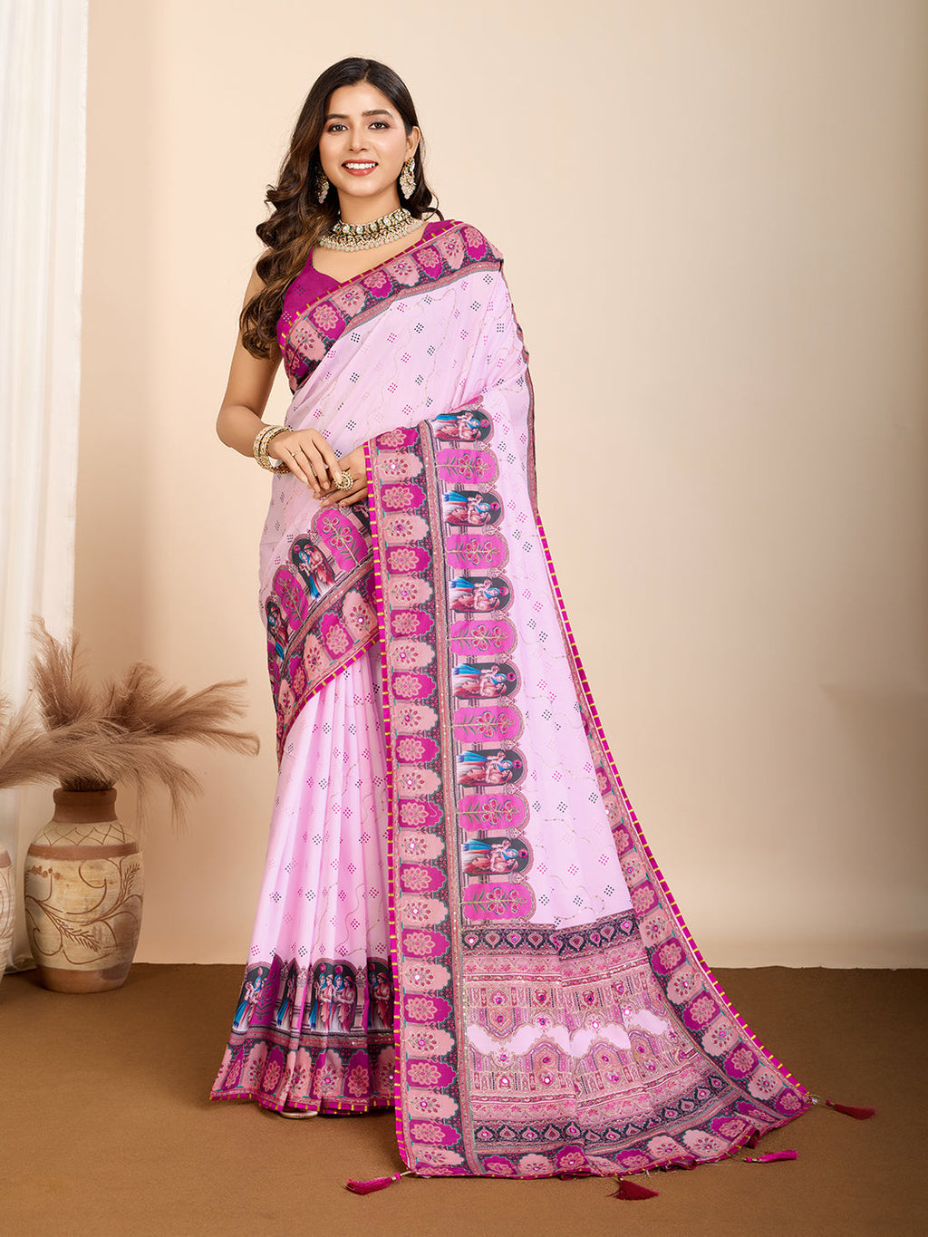 Vedant Vastram Maslin Cotton Digital Printed & Embroidered Work Saree - Baby Pink | Grocsy