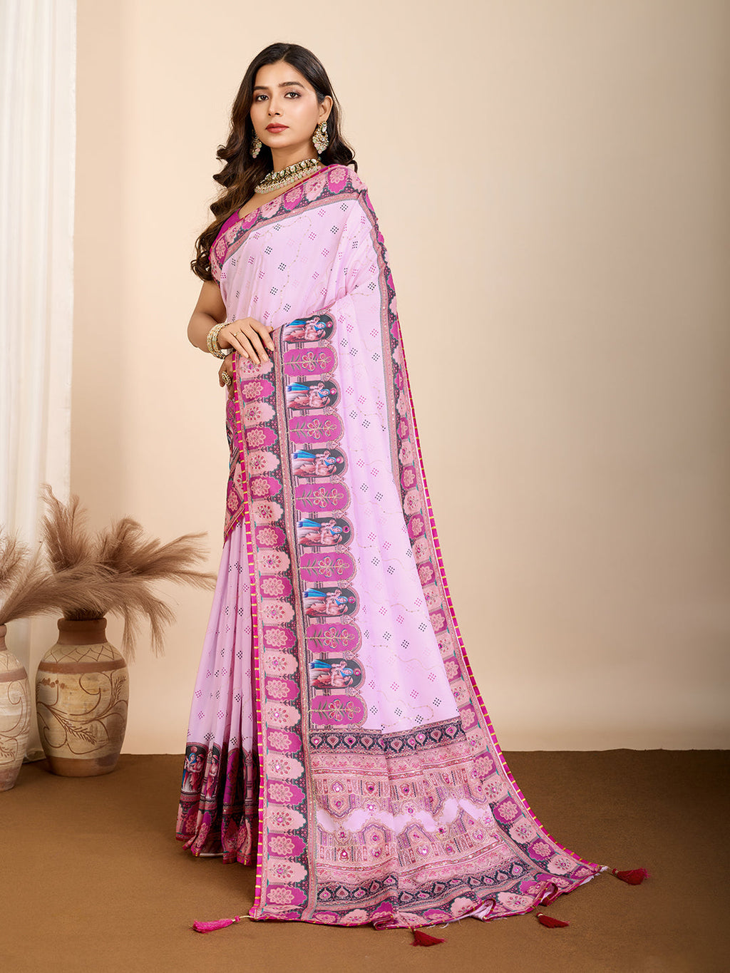 Vedant Vastram Maslin Cotton Digital Printed & Embroidered Work Saree - Baby Pink | Grocsy
