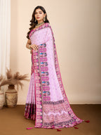 Vedant Vastram Maslin Cotton Digital Printed & Embroidered Work Saree - Baby Pink | Grocsy