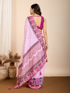 Vedant Vastram Maslin Cotton Digital Printed & Embroidered Work Saree - Baby Pink | Grocsy